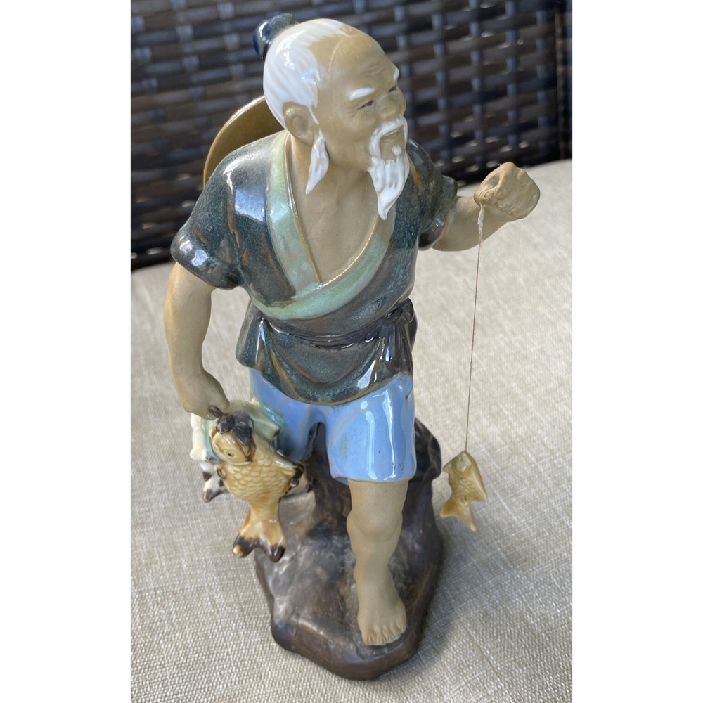 Vtg Mud Man Asian Fisherman Figurine Ceramic Statue  Fishing MCM Shiwan Pottery